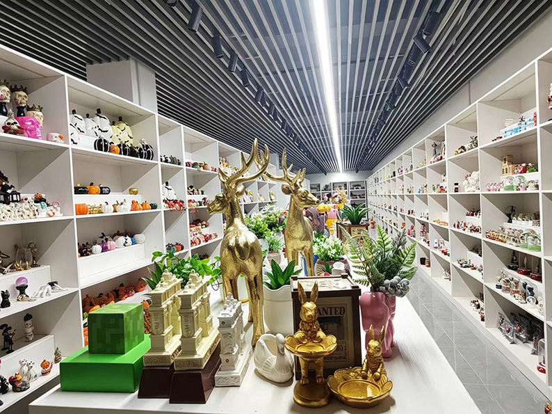 Ceramic product display shelves at TYY china showroom, showcasing vases, planters, mugs, and decorative items for global buyers