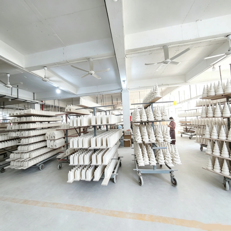 Bisqueware storage racks in Dehua ceramic factory workshop