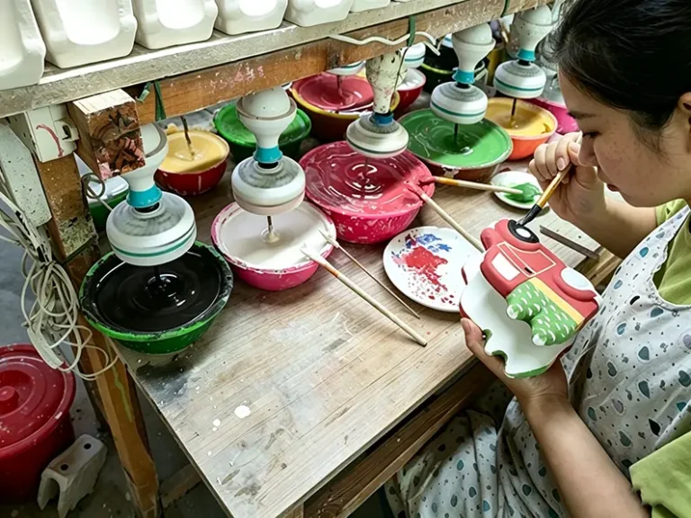 Skilled artisan hand painting ceramic decoration at TYY china factory, traditional Dehua craftsmanship