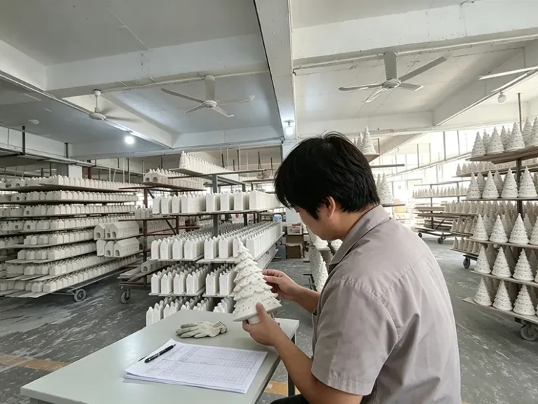 Quality control inspection of finished fired ceramics at TYY china factory, checking for defects before export packing
