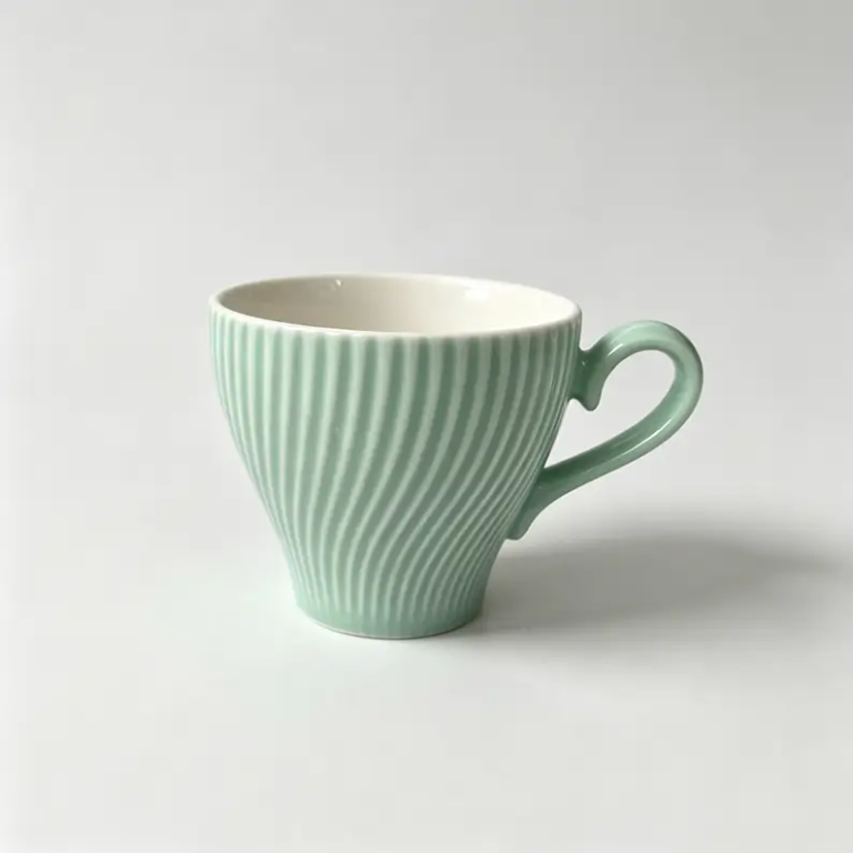 052g Cyan spiral-textured ceramic coffee cup and saucer.