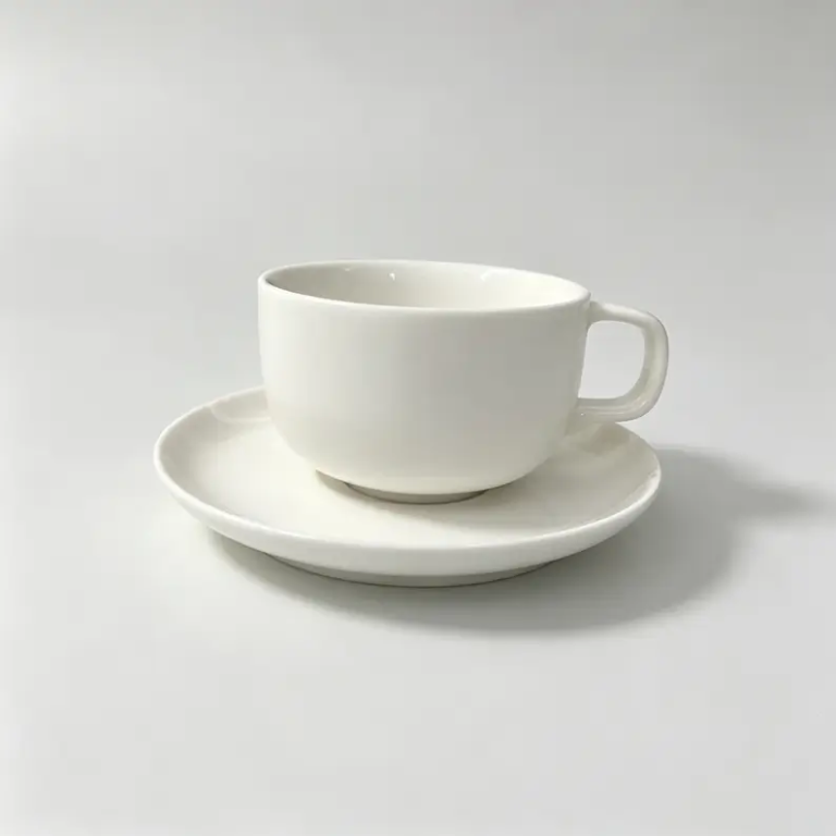 053g White classic ceramic coffee cup and saucer with a low rounded cup profile.