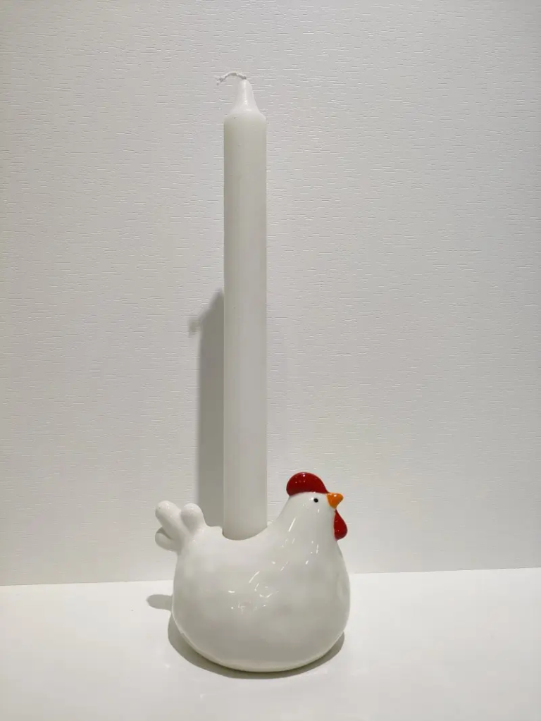 114D White chicken ceramic candle holder designed with an upright candle opening behind the chicken body for Easter table and home display.