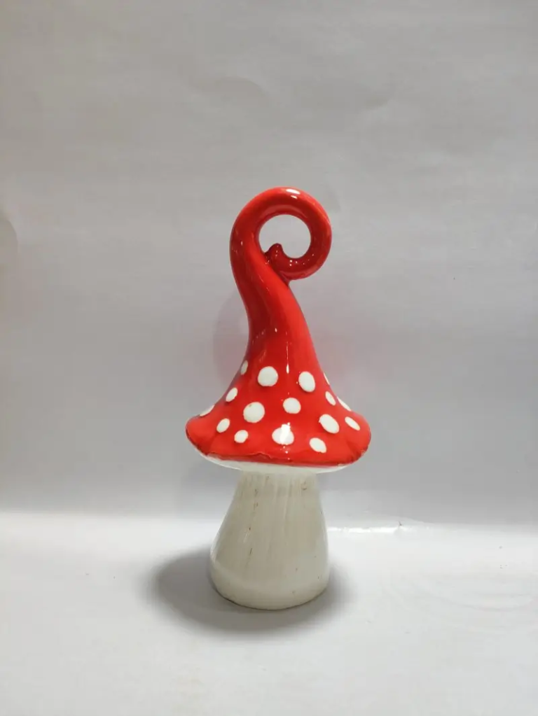 145D red hand painted ceramic mushroom decor with white dot decoration and glossy glazed surface finish.