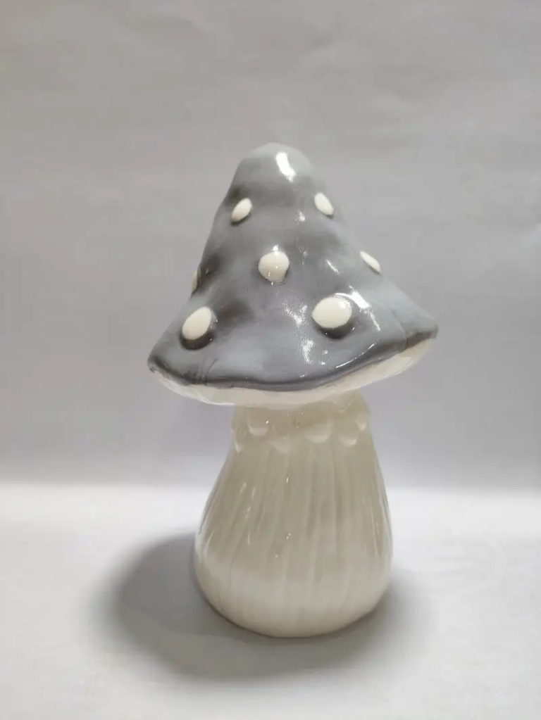 146D grey ceramic mushroom decor with hand painted dot pattern and artistic mushroom sculpture design.