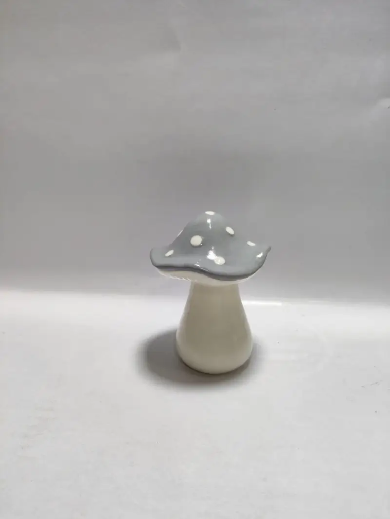 147D grey ceramic mushroom decor with hand painted surface details and glossy glazed decorative finish.