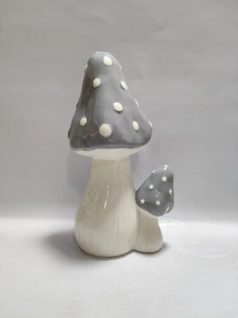 148D grey hand painted ceramic mushroom figurine with white dot pattern and glossy glaze surface decoration.