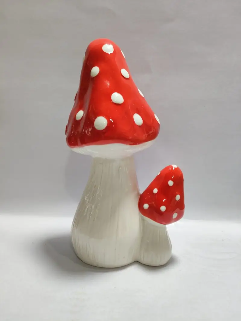148D red hand painted ceramic mushroom decor with dotted cap design and refined ceramic craftsmanship.