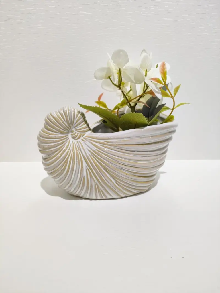 153D nautilus shell ceramic storage box with spiral shell texture, designed for flower arrangement and artistic interior decoration