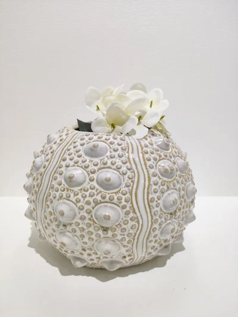 158D sea urchin ceramic vase with textured surface details, designed for floral display and unique ocean inspired interior decor