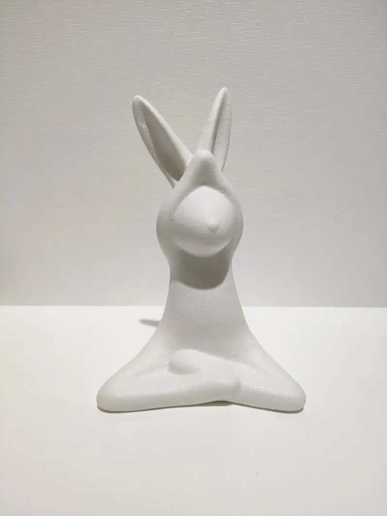 168D white ceramic yoga rabbit figurine with balanced standing pose, matte surface decorative sculpture