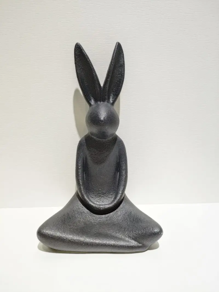175D black ceramic yoga rabbit figurine with seated pose design, matte finish modern decorative accent