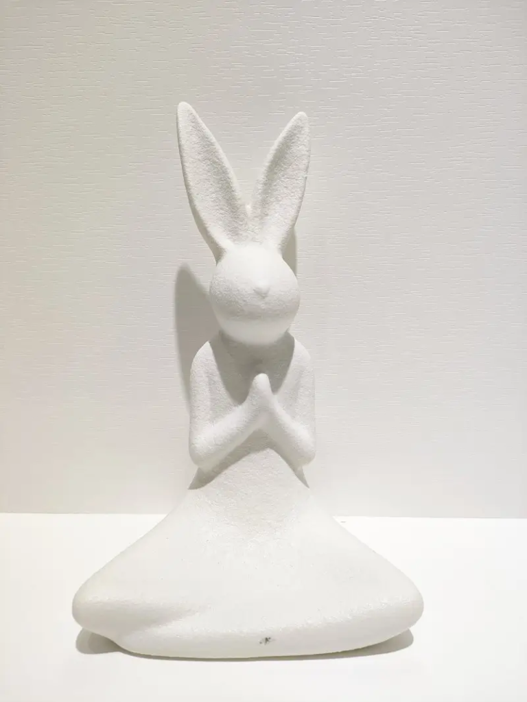 176D-1 white ceramic yoga rabbit figurine with upright meditation posture, matte finish decorative sculpture