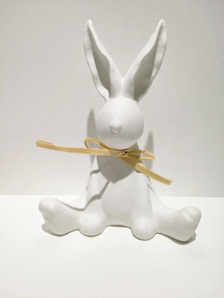 177D white ceramic yoga rabbit figurine with symmetrical meditation pose, matte finish minimalist decoration.
