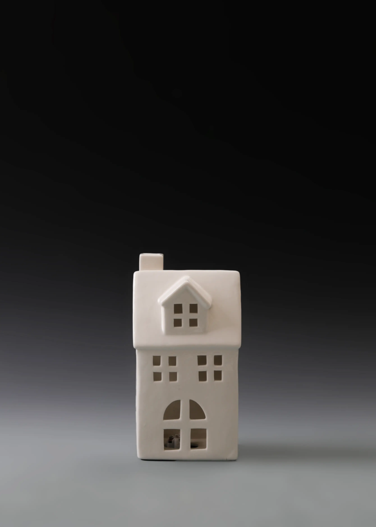 208A tall arched townhouse in matte white ceramic with illuminated windows for Christmas village displays
