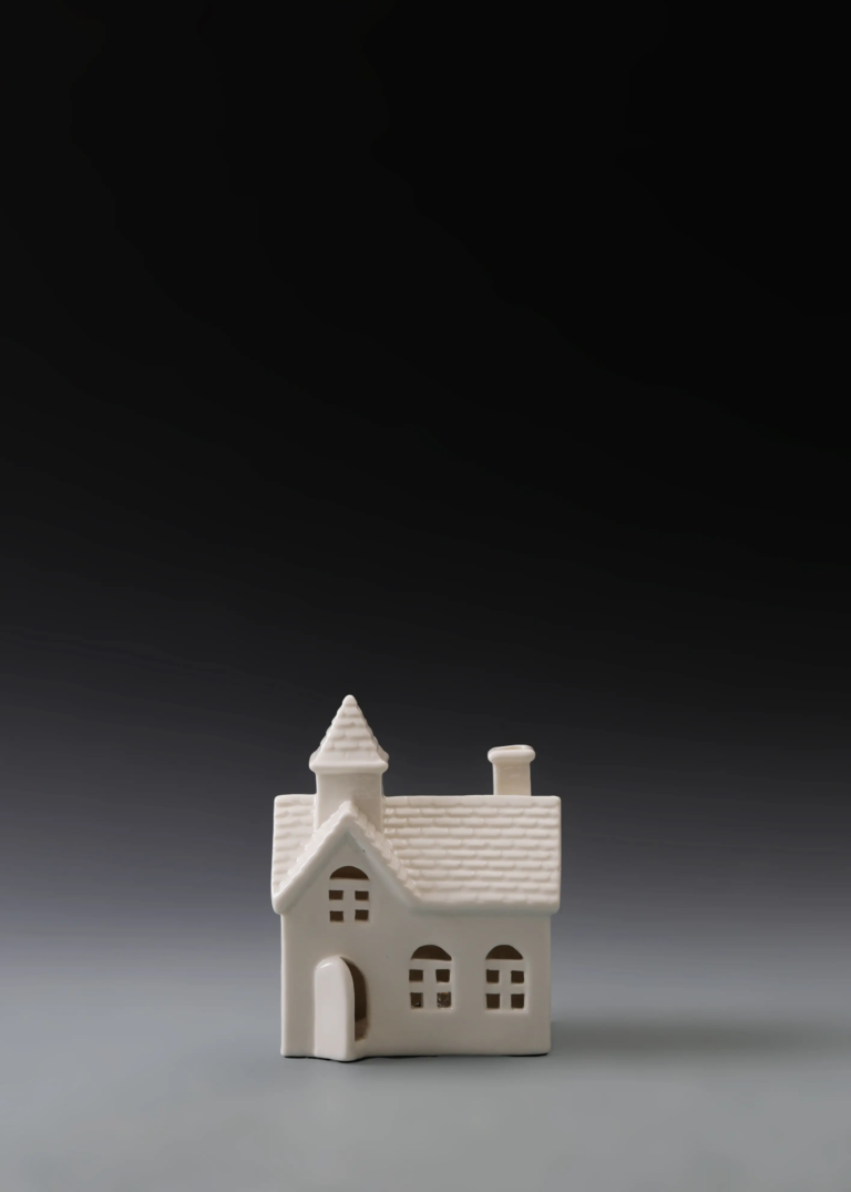 211A twin window cottage in matte white ceramic with a low profile and illuminated windows for Christmas displays