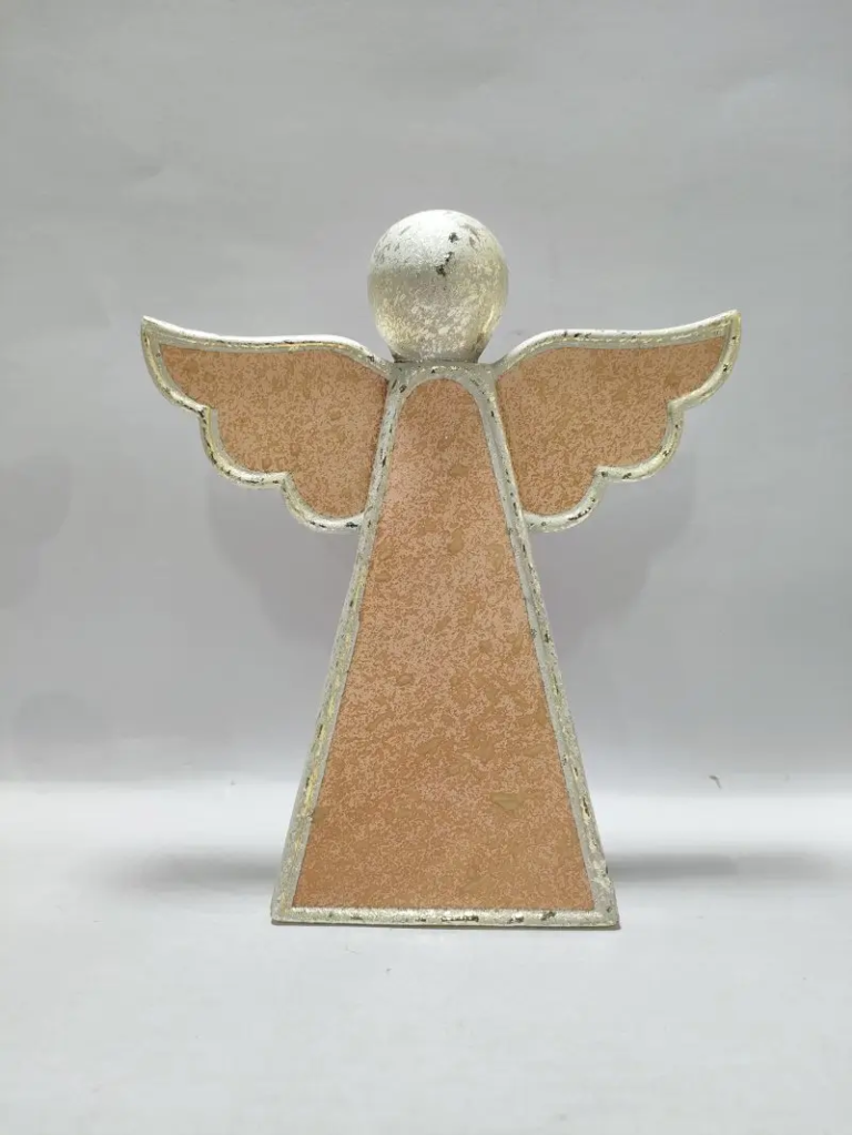 240D ceramic angel figurine with a geometric triangular body, extended wings and textured finish for holiday décor.
