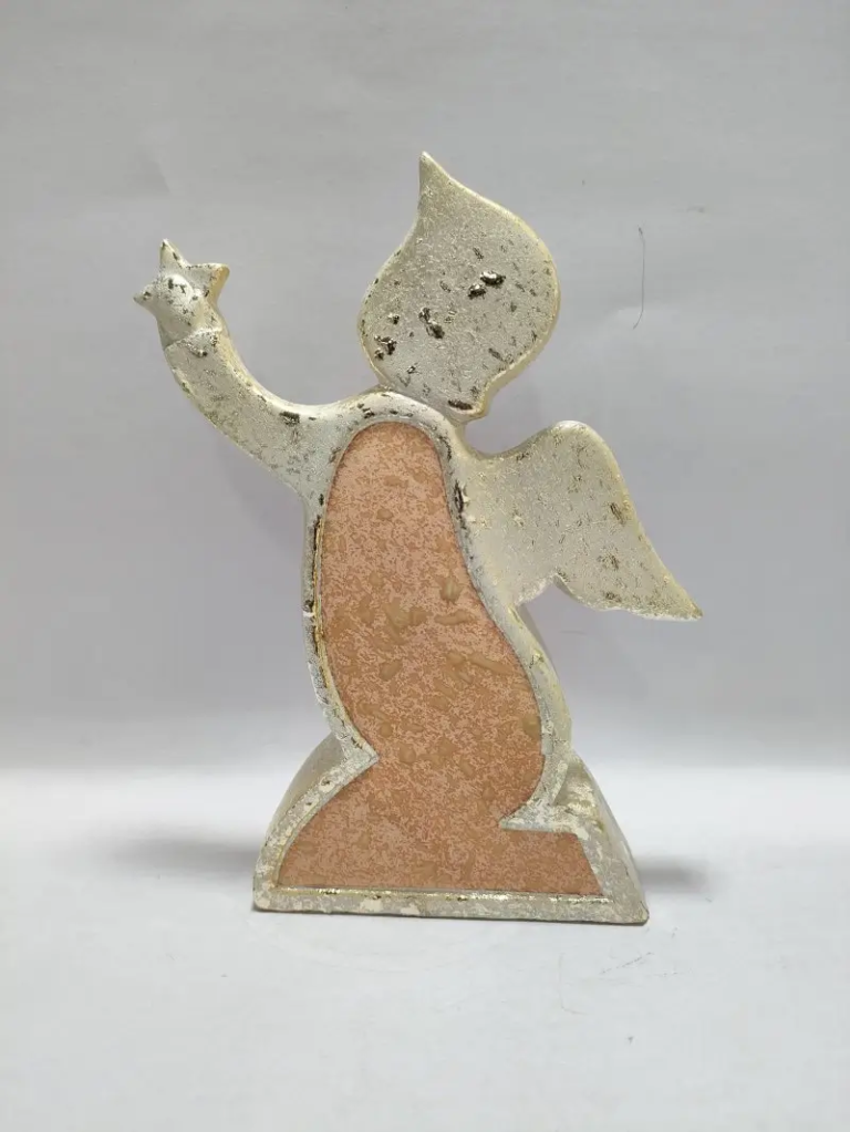 242D ceramic angel figurine with a curved body, raised arm and contrasting textured surface for Christmas and seasonal décor.