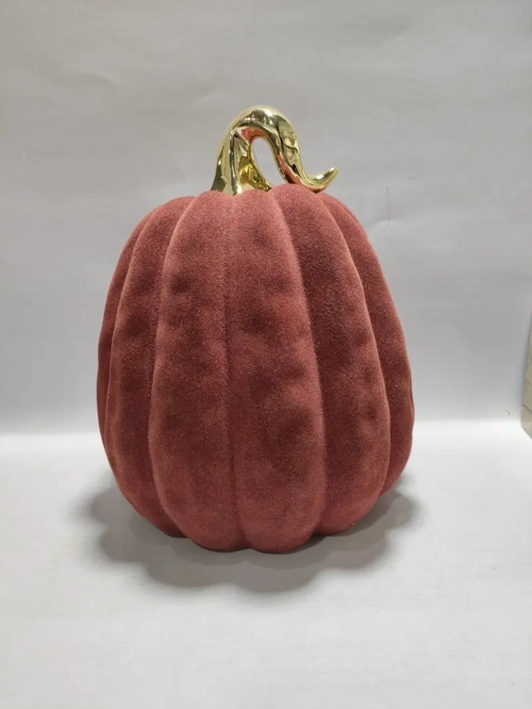 250D brown flocked pumpkin decorative figurine with an electroplated stem for Halloween seasonal decoration.