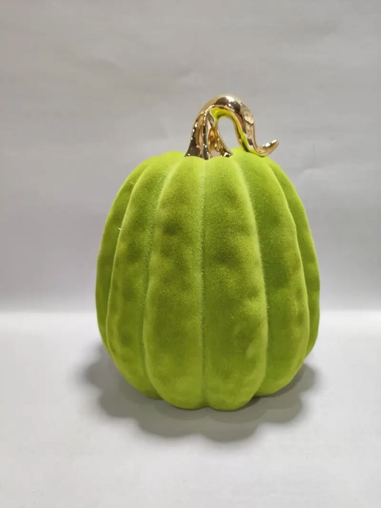 250D green flocked pumpkin decorative figurine with an electroplated stem for Halloween seasonal decoration.