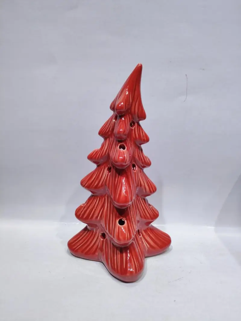 286D Red Glazed Christmas Tree Figurine featuring festive glazed colors and sculptural tree design for seasonal displays.