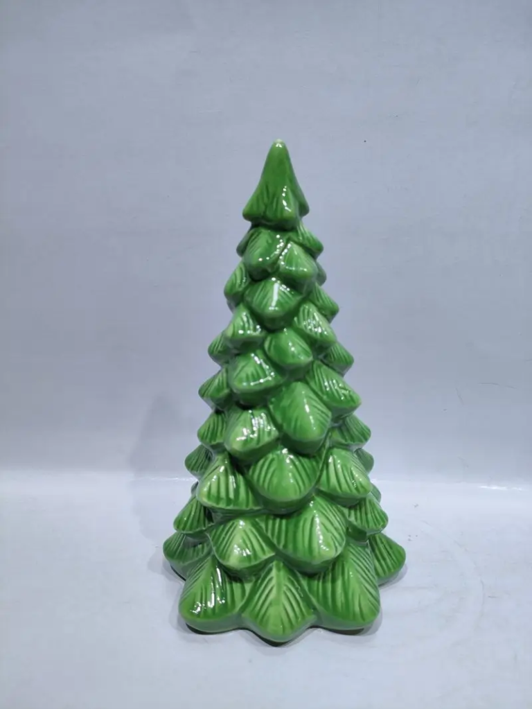 288D Green Glazed Layered Christmas Tree Figurine featuring layered ceramic tree design and glazed finish for Christmas display arrangements.