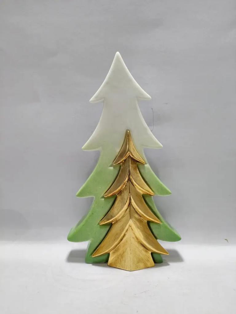 289D Two Tone Glazed Christmas Tree Figurine featuring contrasting glazed colors and sculptural tree form for festive decoration.