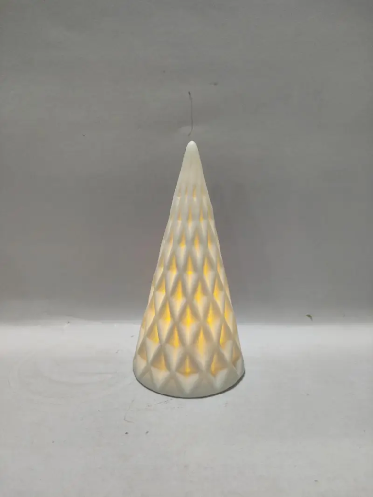 291D Illuminated White Diamond Lattice Christmas Tree featuring diamond lattice openings, white glazed ceramic and warm built-in lighting for festive holiday tabletop displays.