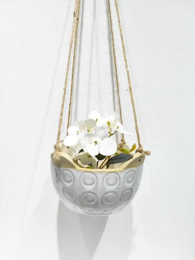 356D off white hanging ceramic planter with handcrafted ceramic texture, designed for indoor plants, balconies and modern home decoration.