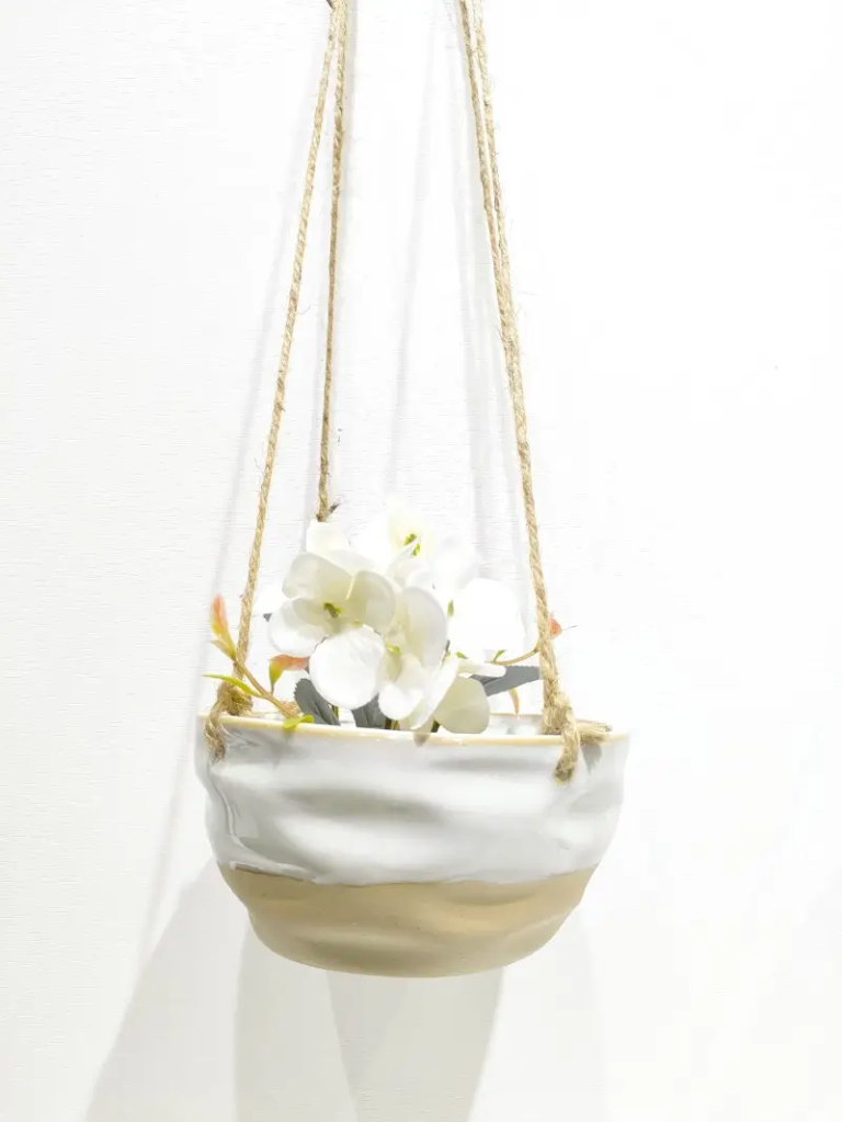 356D two tone white cream ceramic hanging planter featuring soft color contrast and handcrafted surface details for indoor plant displays.