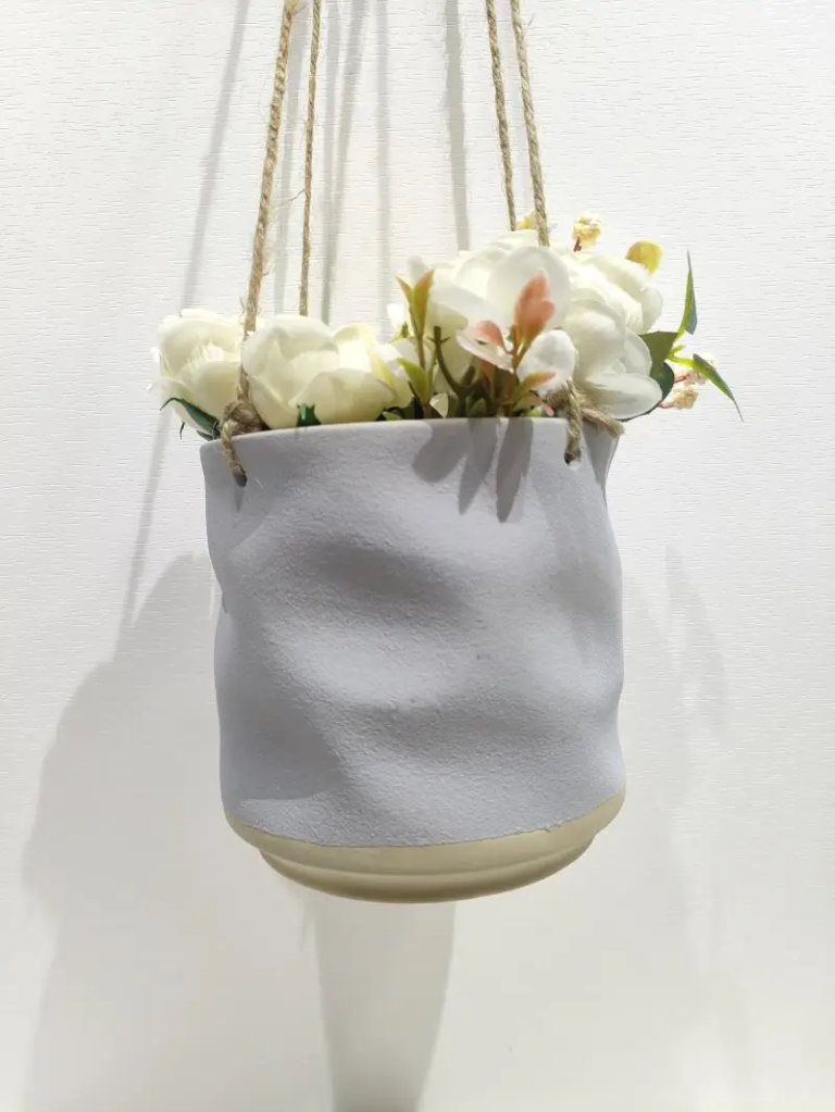 357D gray reactive glaze ceramic planter featuring natural glaze effects and artistic texture for indoor hanging plant decoration.