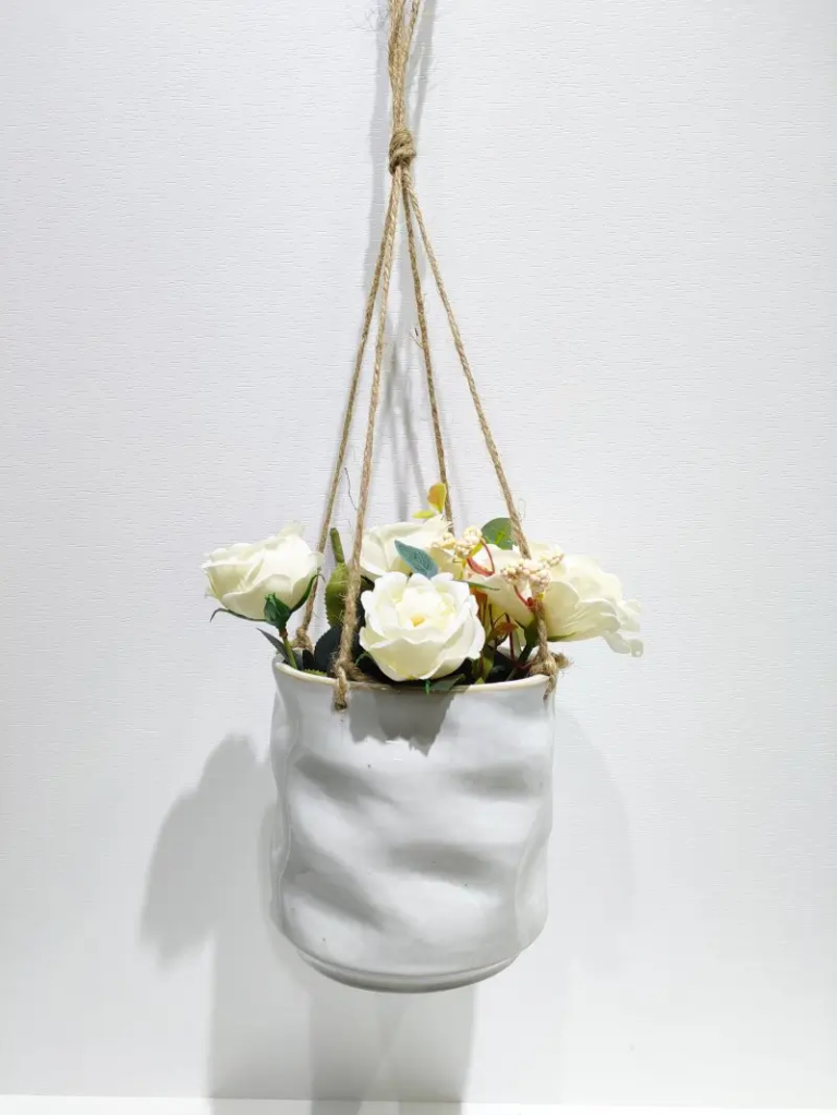 357D white reactive glaze ceramic hanging planter with unique glaze variation and handmade surface character for decorative plants.