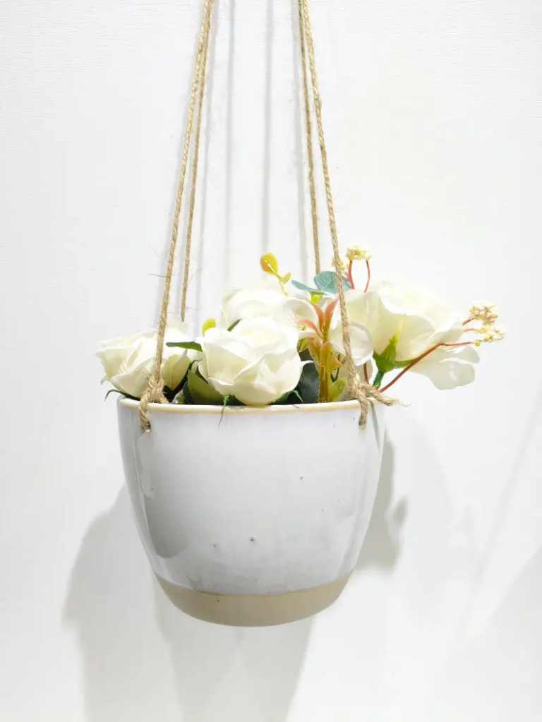 358D pure white ceramic hanging planter with clean minimalist design, ideal for indoor plants, home decoration and garden spaces.