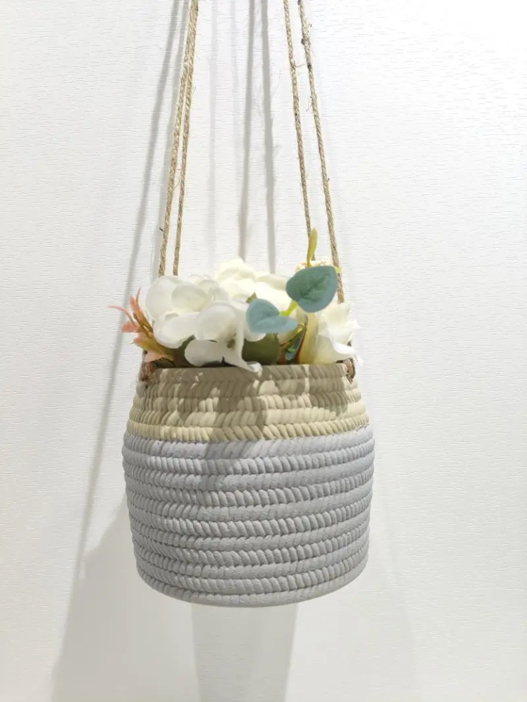 359D Two tone cream and light gray textured ceramic hanging planter with handcrafted surface detail, designed for indoor plants and modern home decoration.