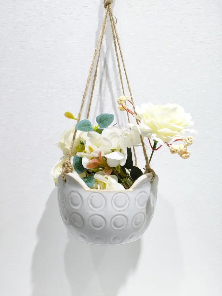 361D white patterned ceramic hanging planter featuring decorative embossed details and handcrafted ceramic texture for plant styling.
