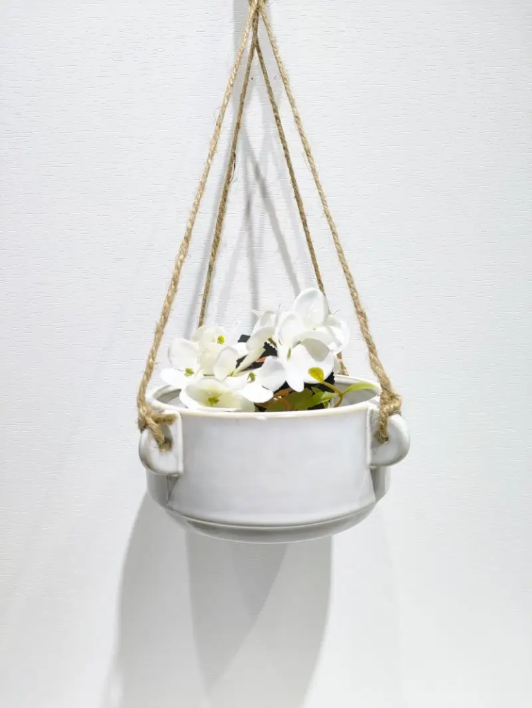 362D glossy white ceramic hanging planter with soft surface finish and minimalist shape for indoor plant decoration.