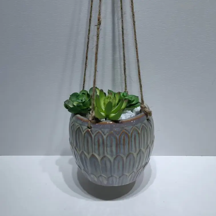 444D scallop pattern hanging ceramic planter with reactive glaze cyan finish
