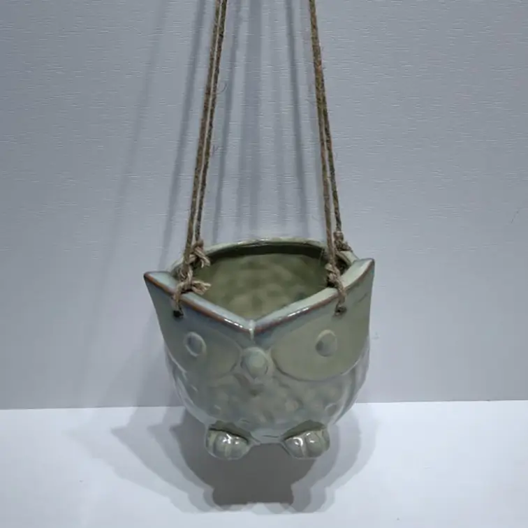 446D owl shape hanging ceramic planter with reactive glaze cyan finish