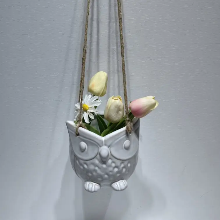 446D owl shape hanging ceramic planter with reactive glaze white finish