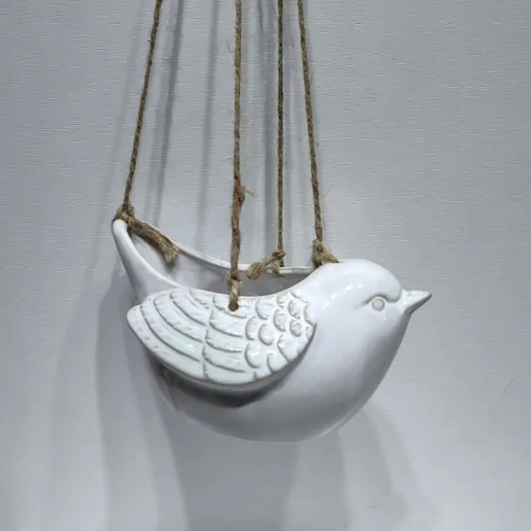 447D bird shape hanging ceramic planter with reactive glaze white finish