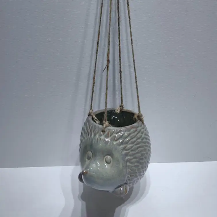 448D hedgehog shape hanging ceramic planter with reactive glaze cyan finish