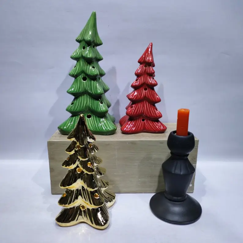 TYY2503 ceramic Christmas tree figurines highlighting electroplated finishes and reflective decorative details for holiday displays.