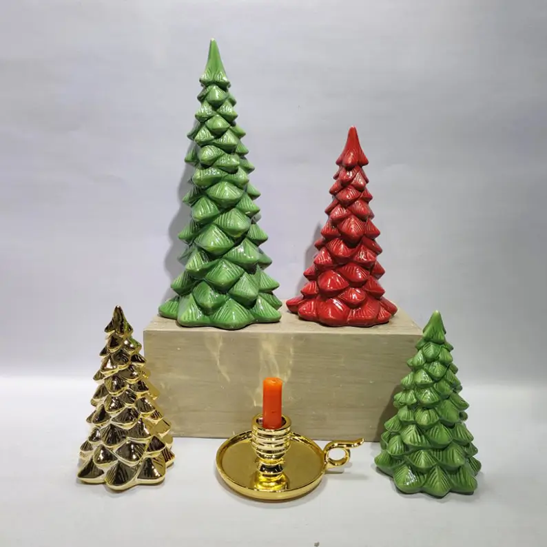 TYY2503 Christmas tree figurines showcasing red and green glazed finishes with festive colors for Christmas tabletop decoration.