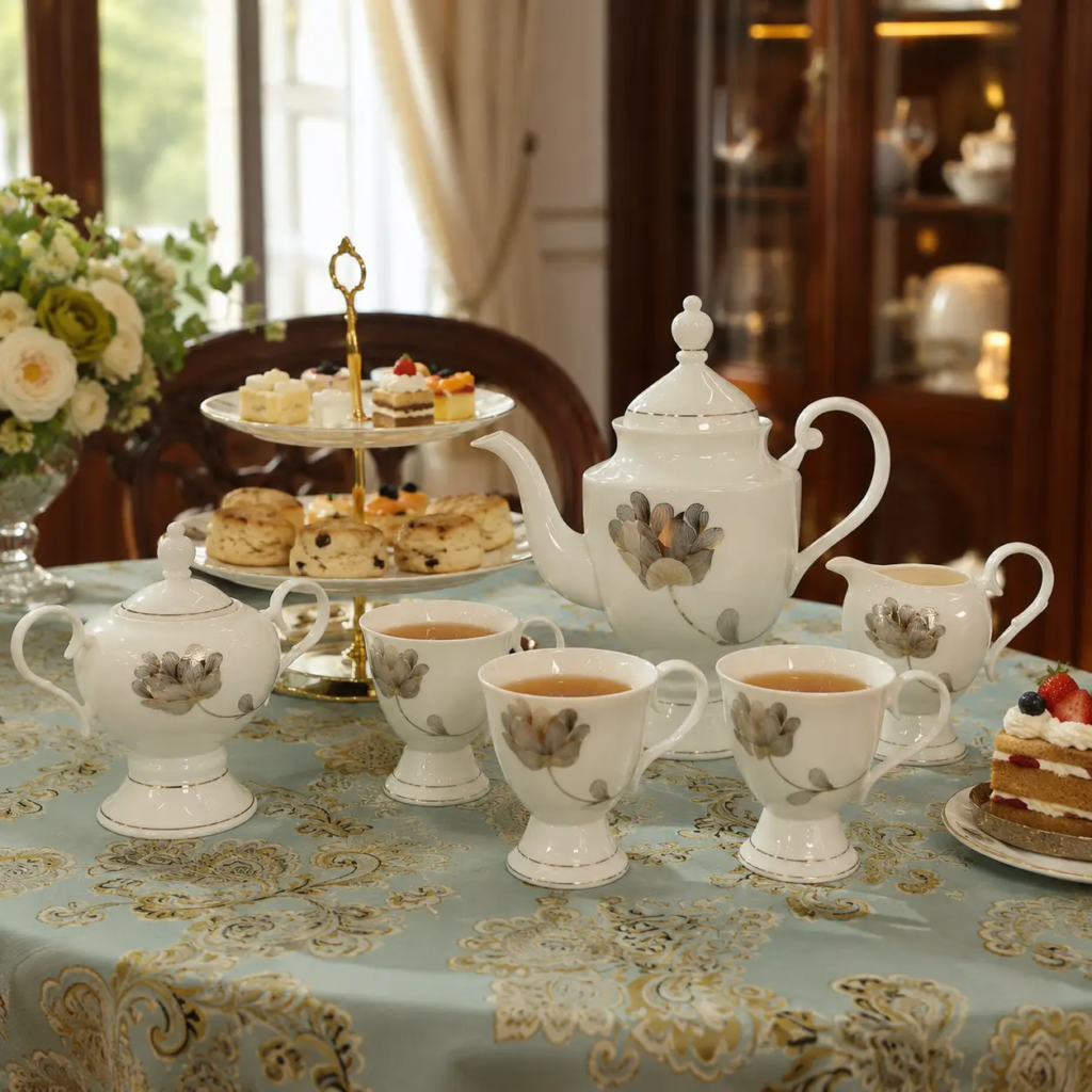 European-style white porcelain tea set arranged with tea and pastries for an elegant afternoon tea table setting.