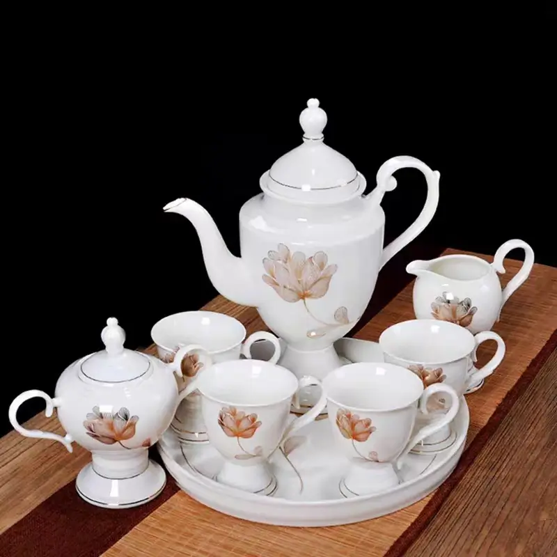 Complete vintage European-style Dehua porcelain tea and coffee set featuring floral decals and refined gold-trimmed detailing.