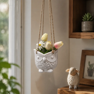 Animal shape hanging ceramic planter with flowers creating a decorative indoor plant display
