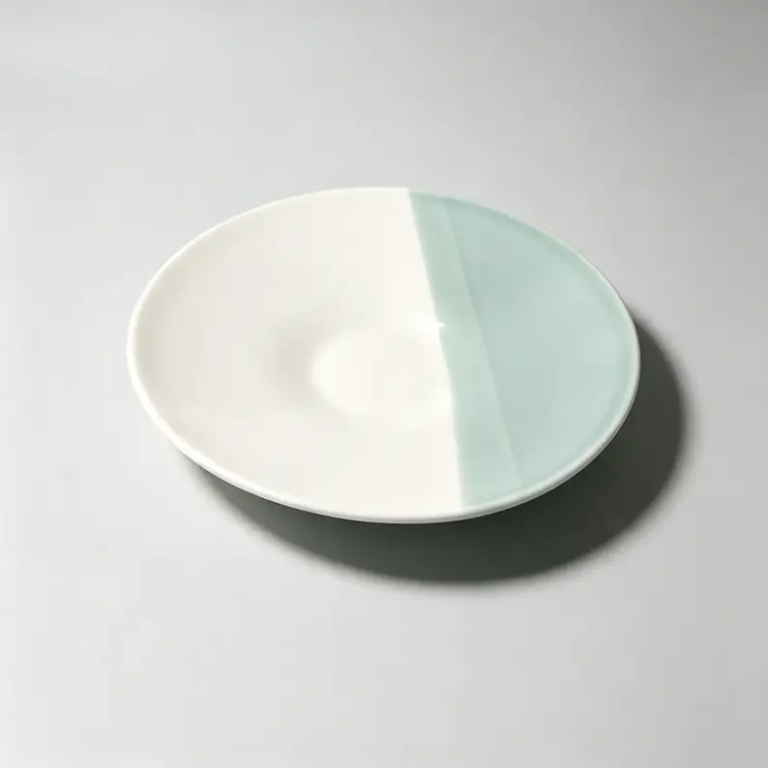 Aqua and white coupe ceramic plate available in 10-inch and 7.5-inch sizes