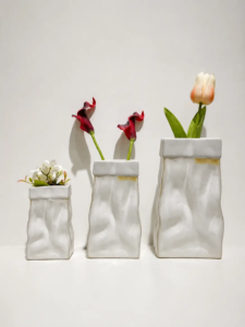 012D Ceramic vessel set with asymmetric geometric forms and reactive glaze color variation