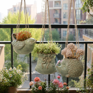 Compact hanging ceramic planters displayed on balcony with succulents and small green plants