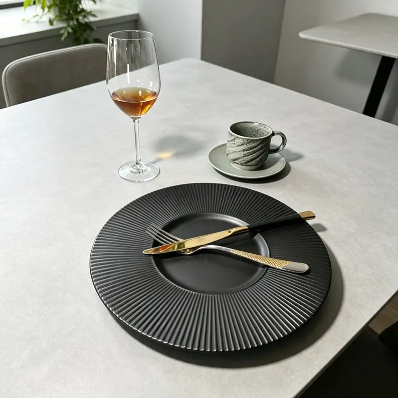 Black fluted ceramic plates in different plate profiles with dense radial texture